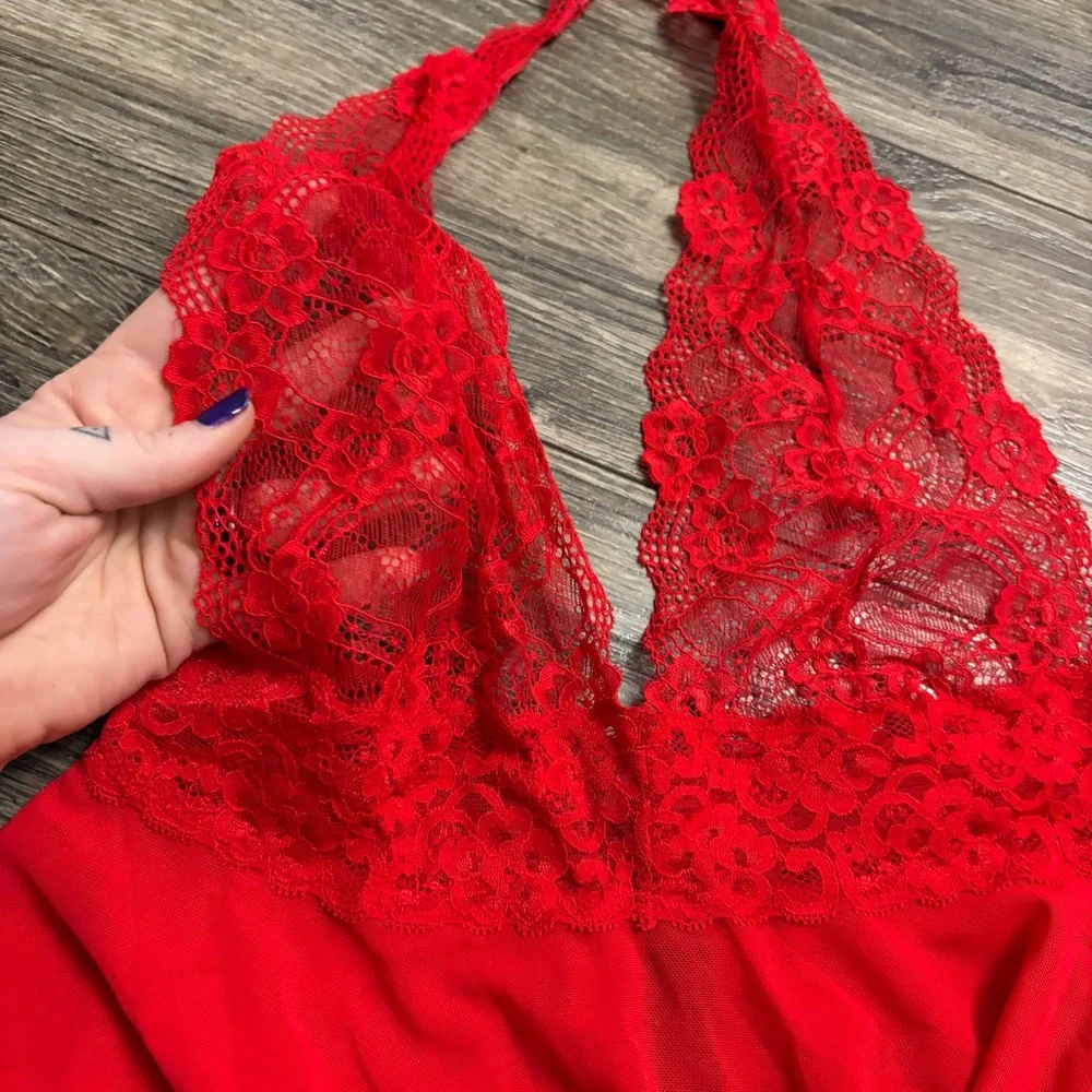 90s/Y2K European Vintage René Rofé Mesh/Lace Halter Babydoll Lingerie Slip Red M